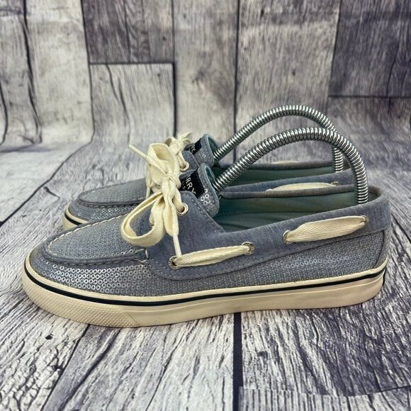 Sperry Bahama 2 Eye Boat Shoes Women's size 6 Slip On Sneaker Blue Sequins Shiny - Picture 4 of 11